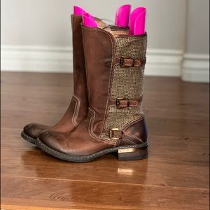 SUNDANCE Leather Moto Boots w/ gold mesh.